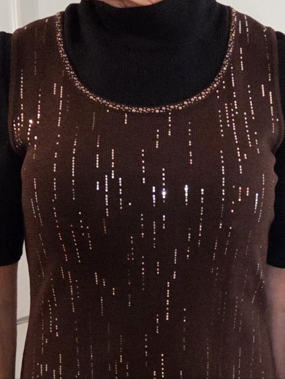 Women’s Brown Sequin Knit Sleeveless Top With Sparkle Detail